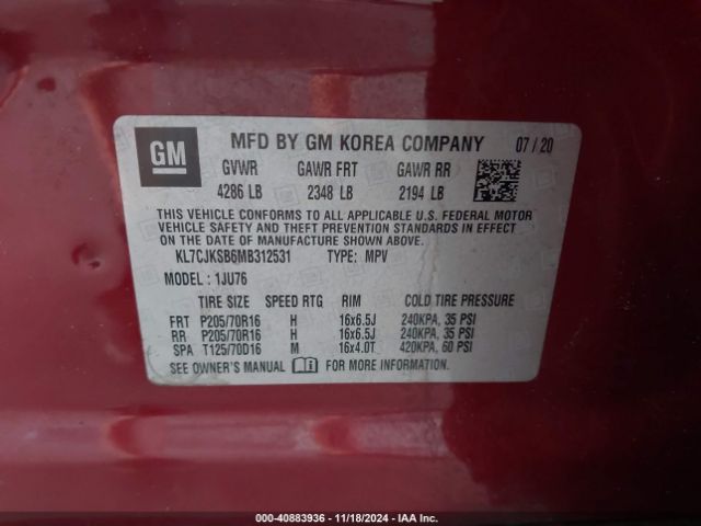 KL7CJKSB6MB312531 Chevrolet Trax Fwd Ls
