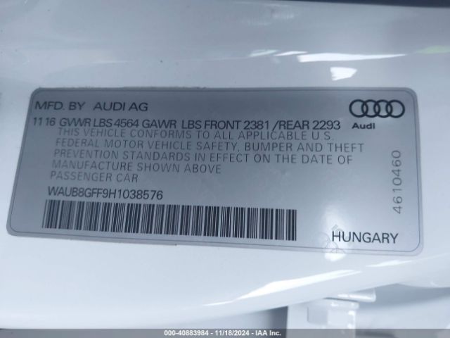 WAUB8GFF9H1038576 Audi A3 2.0t Premium
