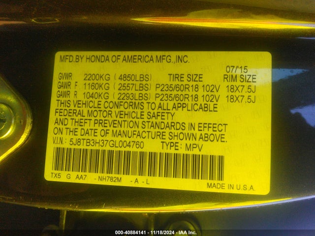 5J8TB3H37GL004760 Acura Rdx Acurawatch Plus Pkg