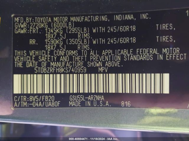 5TDBZRFH8KS740959 Toyota Highlander Le