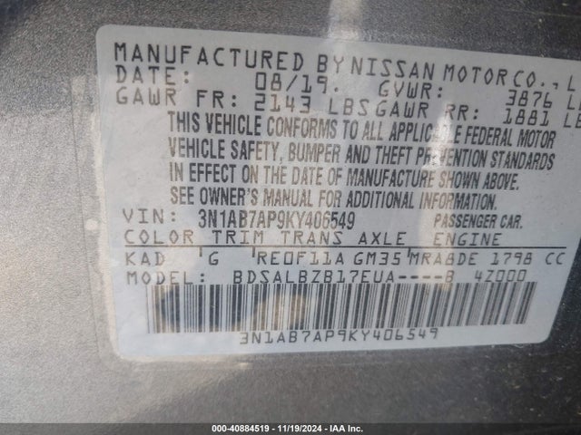 Nissan SENTRA S 2019 3N1AB7AP9KY406549 Image 9