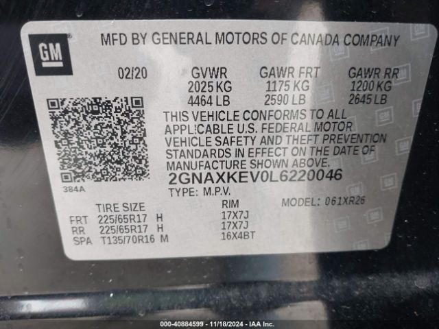 2GNAXKEV0L6220046 Chevrolet Equinox Fwd Lt 1.5l Turbo