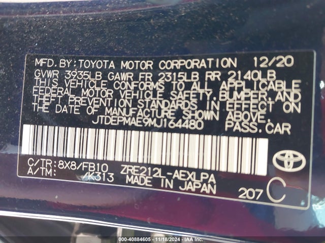 Toyota COROLLA LE 2021 JTDEPMAE9MJ164480 Image 9