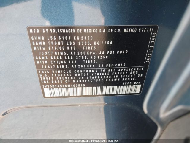 3VV3B7AX9KM100840 Volkswagen Tiguan 2.0t Se/2.0t Sel/2.0t Sel R-line/2.0t Sel R-line Black