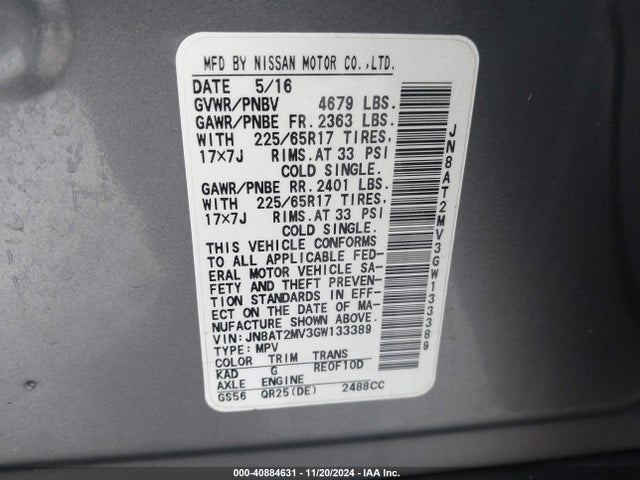 Nissan ROGUE SV 2016 JN8AT2MV3GW133389 Image 9