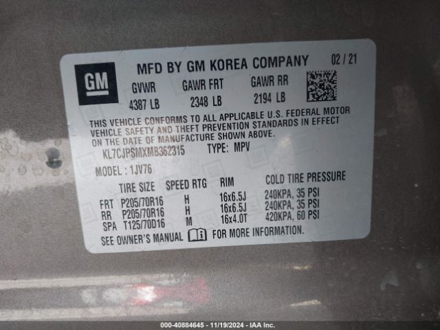 KL7CJPSMXMB362315 Chevrolet Trax Awd Lt