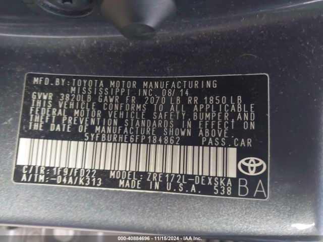5YFBURHE6FP184862 Toyota Corolla L/le/le Pls/prm/s/s Pls