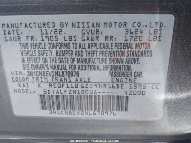 3N1CN8EV2NL870976 Nissan Versa 1.6 Sv Xtronic Cvt
