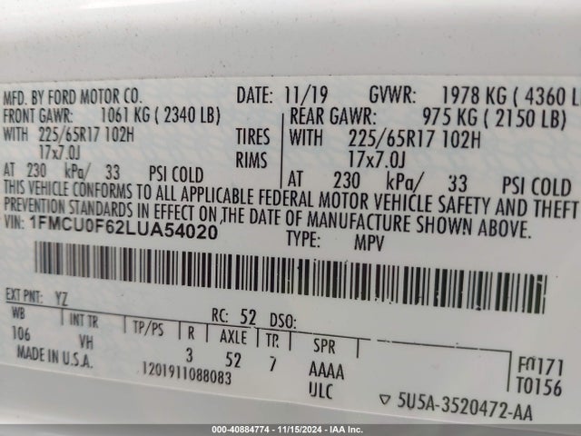 Ford ESCAPE S 2020 1FMCU0F62LUA54020 Image 9