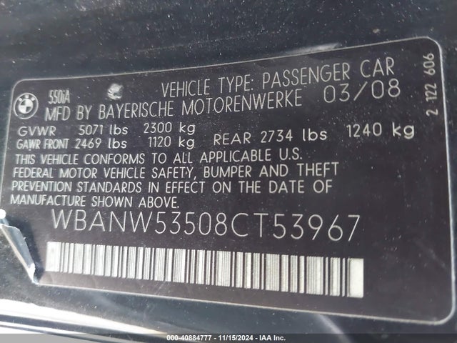 Продаж на аукціоні авто 2008 Bmw 550i, vin: WBANW53508CT53967, номер лоту: 40884777