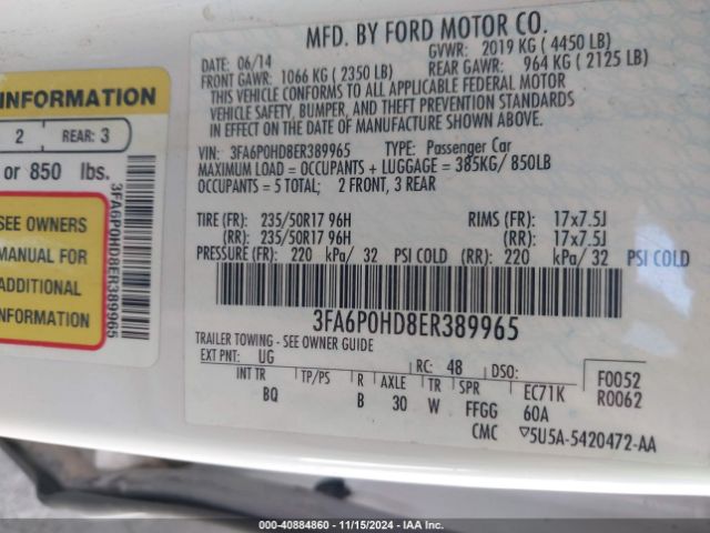 3FA6P0HD8ER389965 Ford FUSION SE