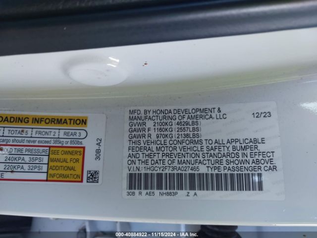1HGCY2F73RA027465 Honda Accord Hybrid Sport-l