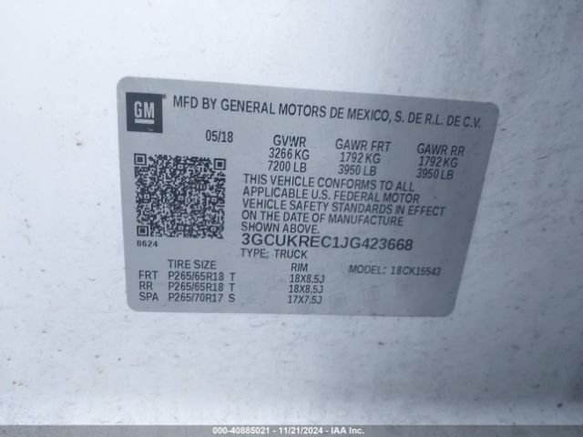 3GCUKREC1JG423668 Chevrolet Silverado 1500 Lt