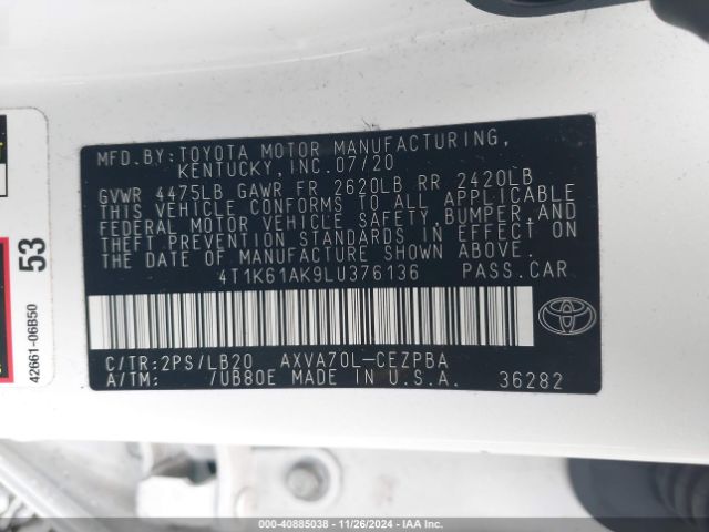 4T1K61AK9LU376136 Toyota CAMRY XSE