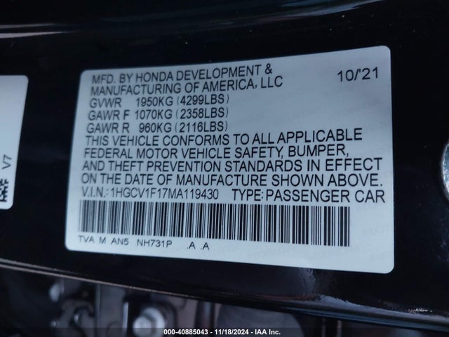 Honda ACCORD LX 2021 1HGCV1F17MA119430 Image 9