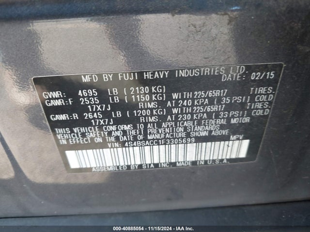 Subaru Outback 2.5i Premium 2015 4S4BSACC1F3305699 Image 9
