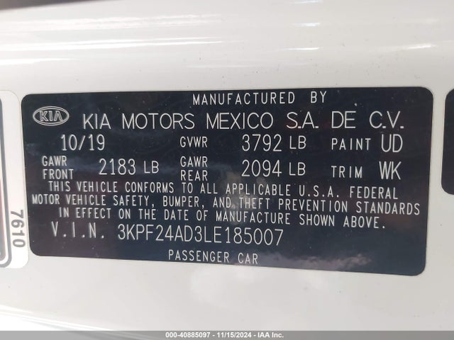 3KPF24AD3LE185007 KIA Forte Lxs