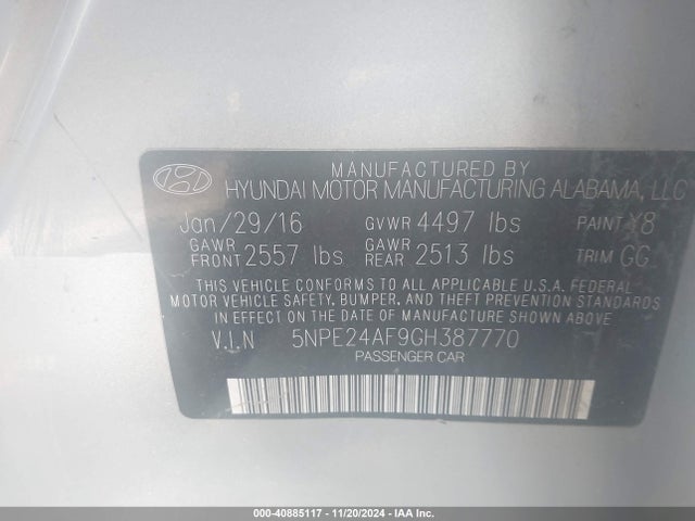 Hyundai Sonata 2016 5NPE24AF9GH387770 Image 9