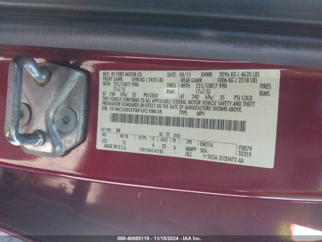 Ford ESCAPE SE 2015 1FMCU0G78FUC19838 Image 9