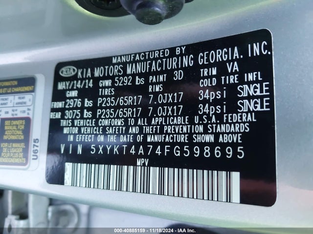 KIA Sorento Lx V6 2015 5XYKT4A74FG598695 Image 9