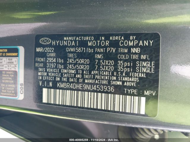 KM8R4DHE9NU453936 Hyundai Palisade Sel
