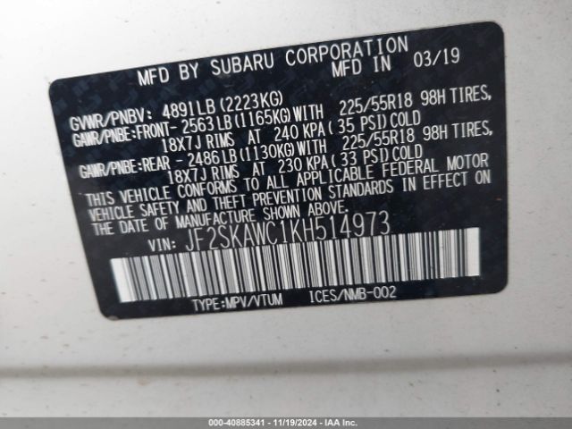 JF2SKAWC1KH514973 Subaru Forester Touring