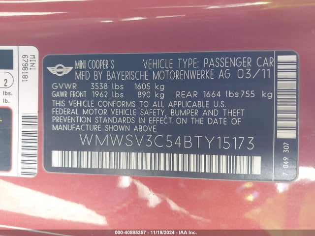 2011 MINI COOPER S WMWSV3C54BTY15173 Photo 8