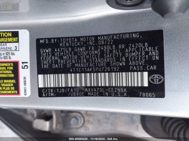 4T1C11AK5PU726192 Toyota CAMRY LE