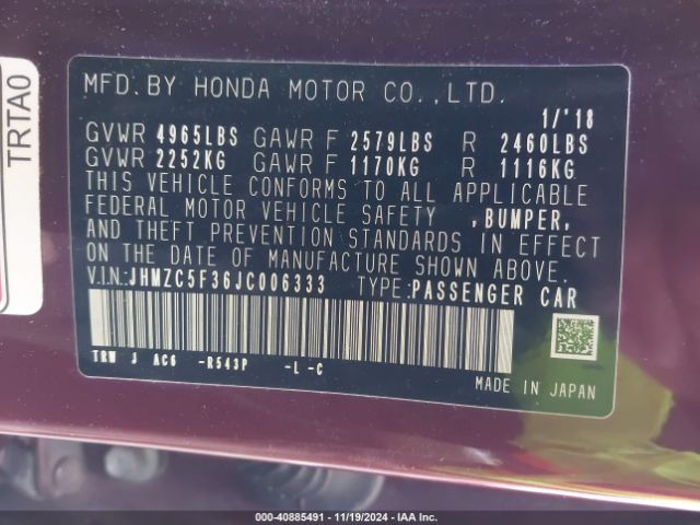 JHMZC5F36JC006333 Honda Clarity Plug-in Hybrid Touring