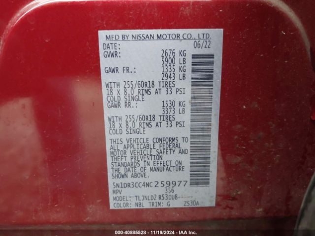 5N1DR3CC4NC259977 Nissan Pathfinder Sl 4wd