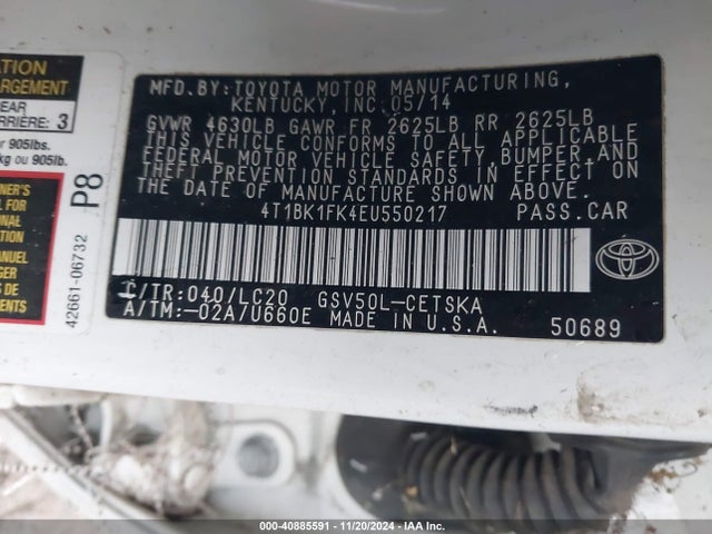 4T1BK1FK4EU550217 Toyota Camry Se V6