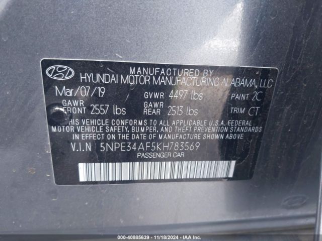 5NPE34AF5KH783569 Hyundai SONATA SEL