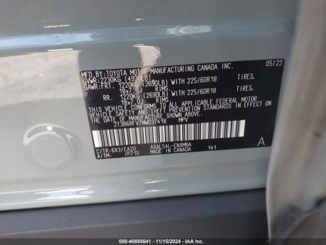 2T3B6RFV7NW037418 Toyota Rav4 Hybrid Xle Premium