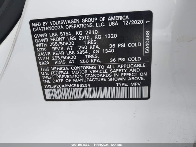 1V2JR2CA8MC556294 Volkswagen Atlas 3.6l V6 Se W/technology