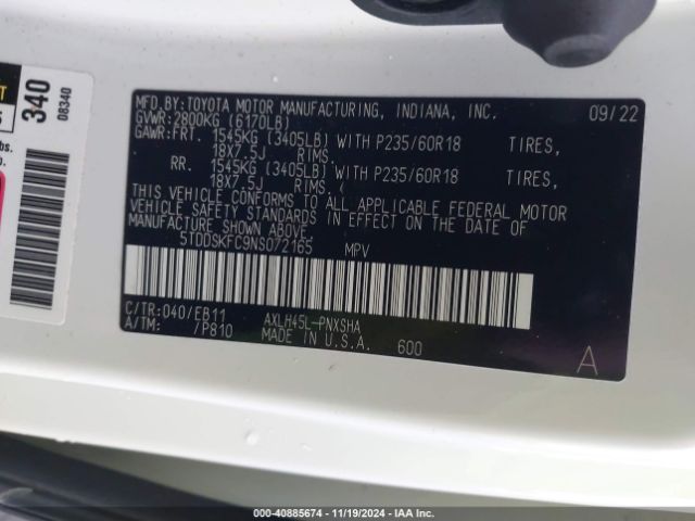 5TDDSKFC9NS072165 Toyota Sienna Xse