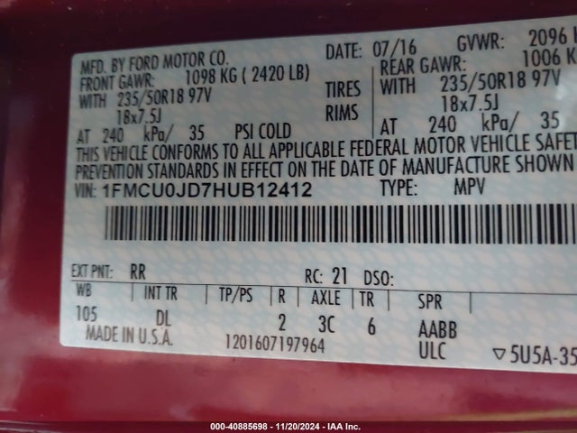 Ford Escape Titanium 2017 1FMCU0JD7HUB12412 Image 9