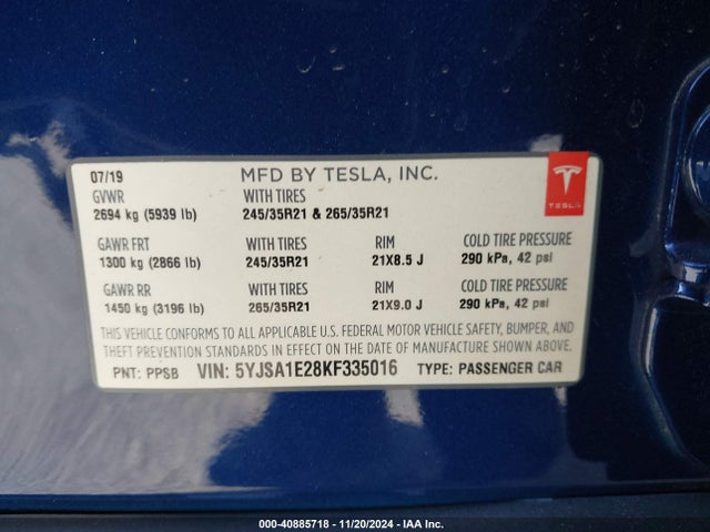2019 TESLA MODEL S 5YJSA1E28KF335016 Photo 8