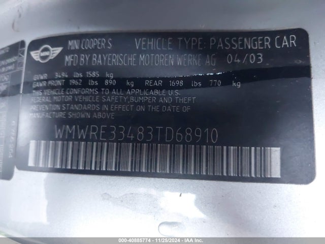 2003 MINI COOPER S WMWRE33483TD68910 Photo 8