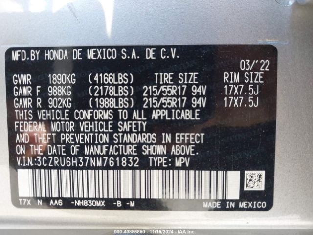 3CZRU6H37NM761832 Honda Hr-v Awd Lx