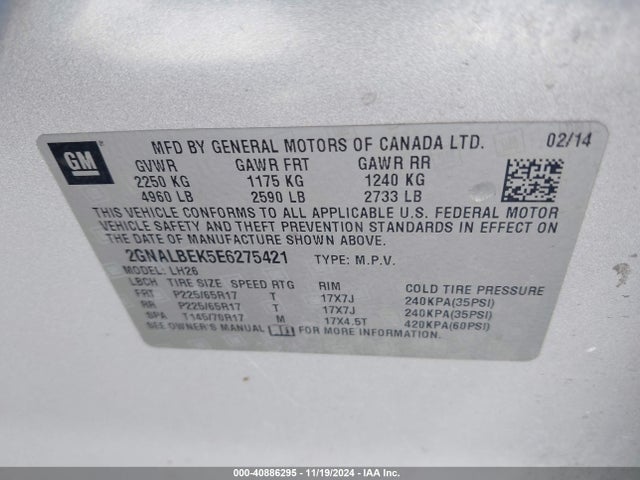 Chevrolet EQUINOX 1LT 2014 2GNALBEK5E6275421 Image 9
