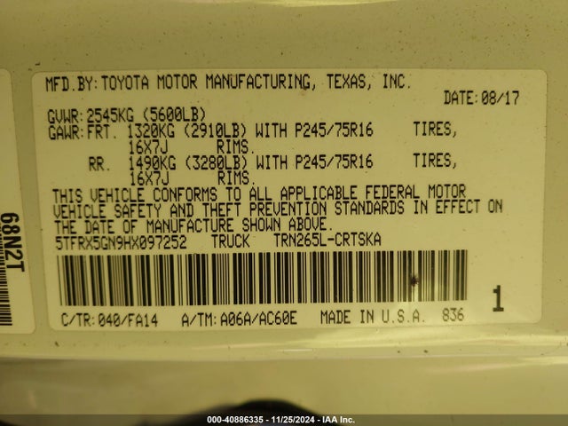 Toyota Tacoma Sr 2017 5TFRX5GN9HX097252 Image 9