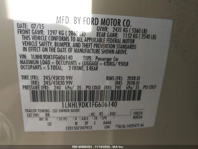 1LNHL9DK1FG606140 Lincoln MKS