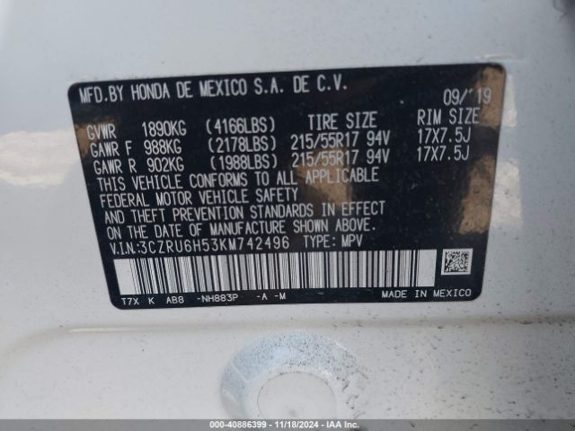 2019 HONDA HR-V 3CZRU6H53KM742496 Photo 8
