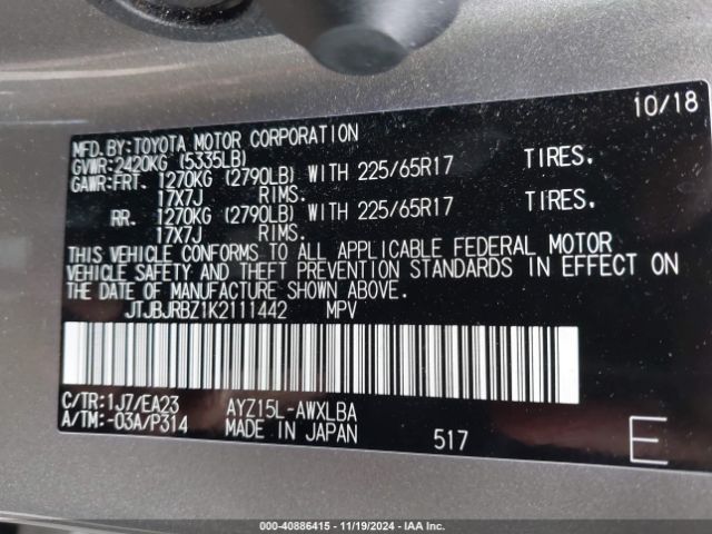 JTJBJRBZ1K2111442 Lexus NX 300H