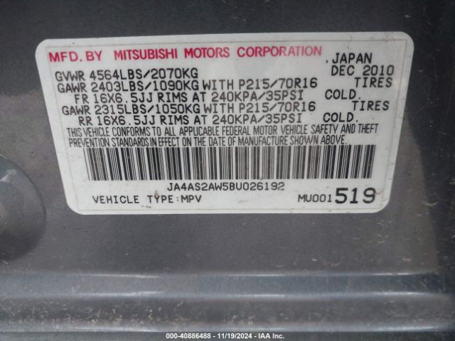 2011 MITSUBISHI OUTLANDER JA4AS2AW5BU026192 Photo 8