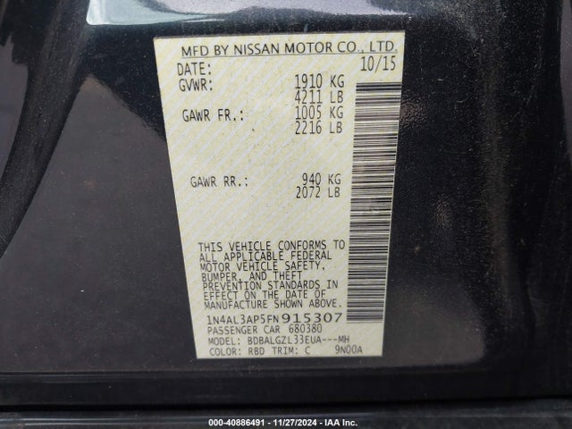 Nissan Altima 2.5 S 2015 1N4AL3AP5FN915307 Image 9