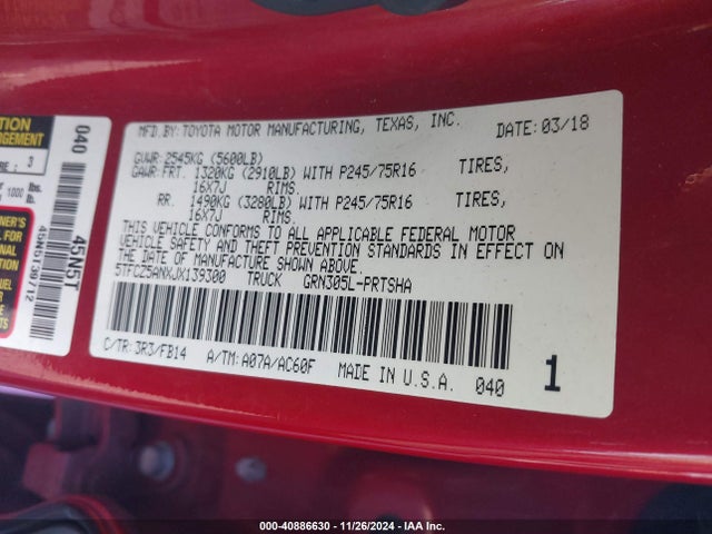 5TFCZ5ANXJX139300 Toyota Tacoma Sr V6