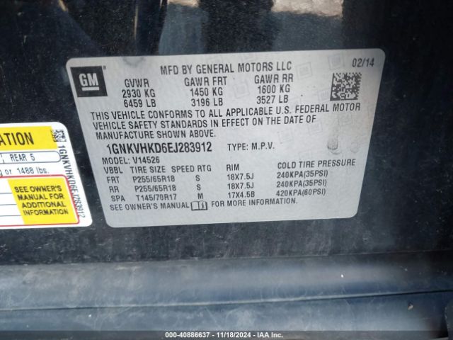 1GNKVHKD6EJ283912 Chevrolet Traverse 2lt