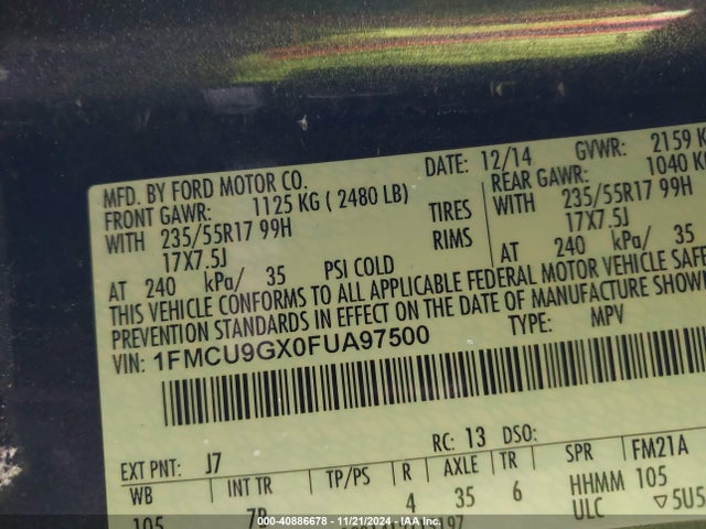 Ford ESCAPE SE 2015 1FMCU9GX0FUA97500 Image 9