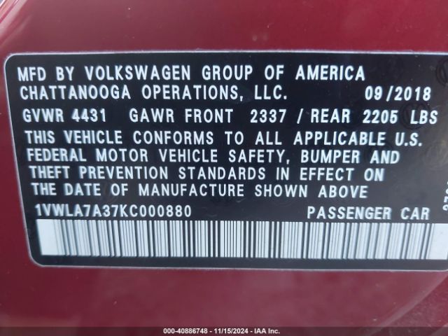 1VWLA7A37KC000880 Volkswagen Passat 2.0t Wolfsburg Edition